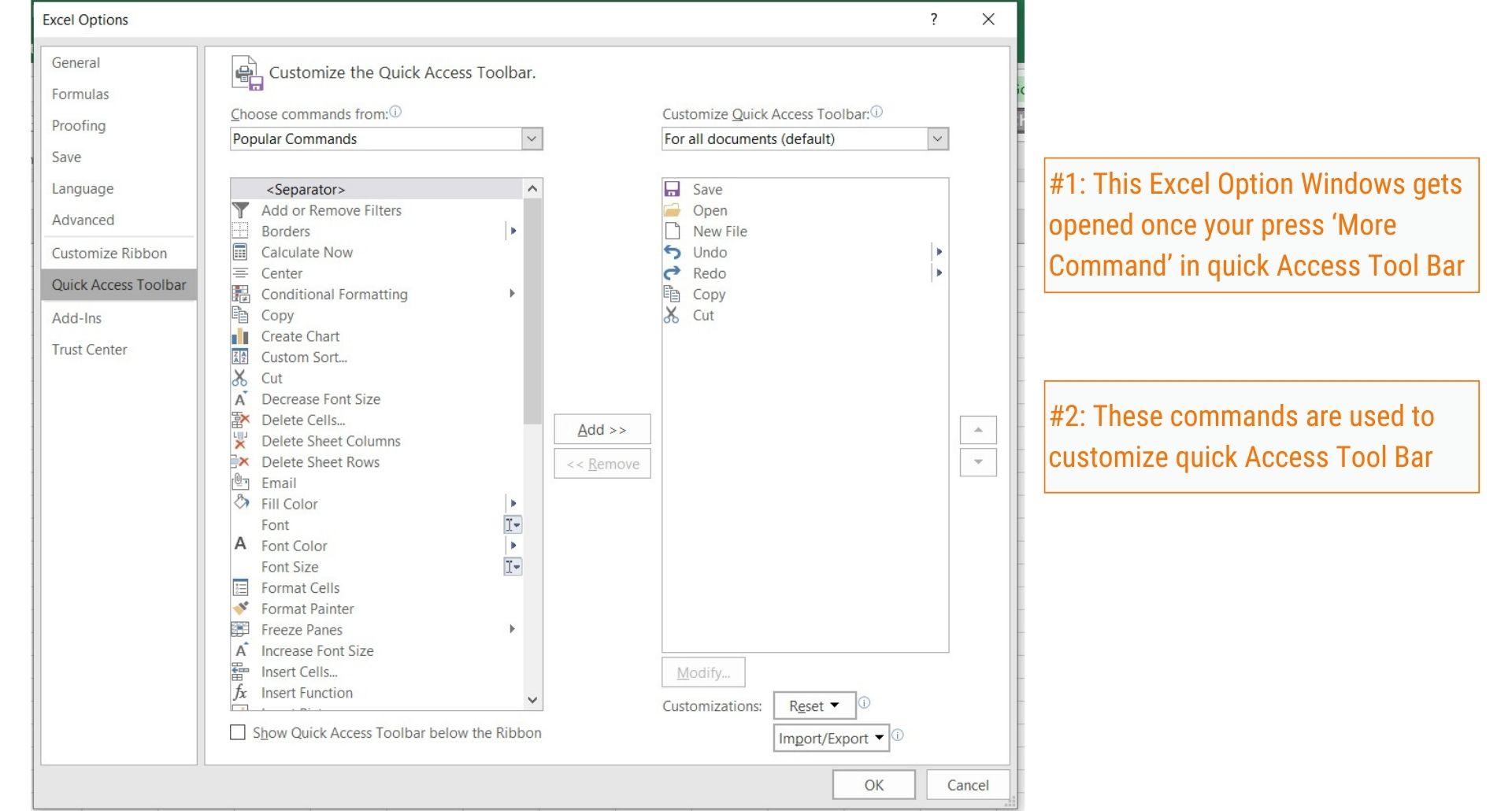 Module BE03 - List of Command to Add & Remove from Quick Access Toolbar in Excel - Excel Hippo
