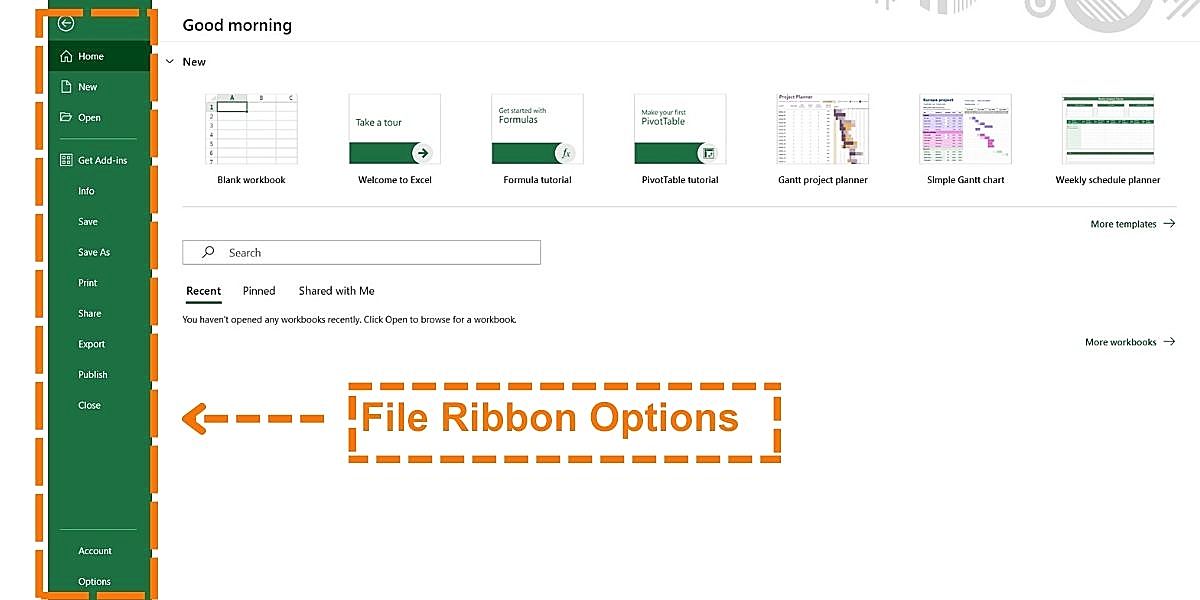 File Ribbon Tab - All Command Buttons - Excel Hippo