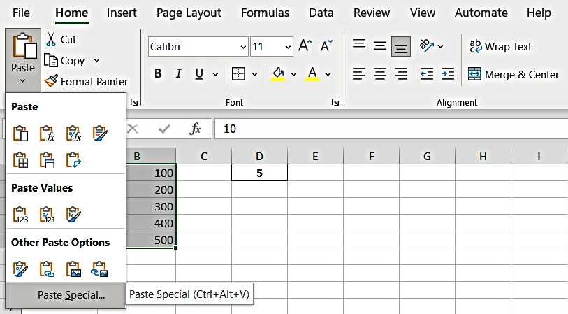 How to Divide numbers using the paste special function - Look for the paste special function under the ‘Paste Dropdown’ button present in the Paste Command Button - Excel Hippo - How to Divide in Excel