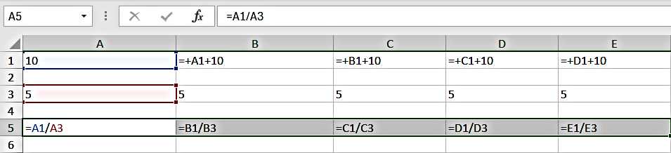 How to Divide the numbers of one row with another row - formula in Cell A5 gets copied in all the cells from B5 to E5 - Excel For Beginners - How to Divide in Excel