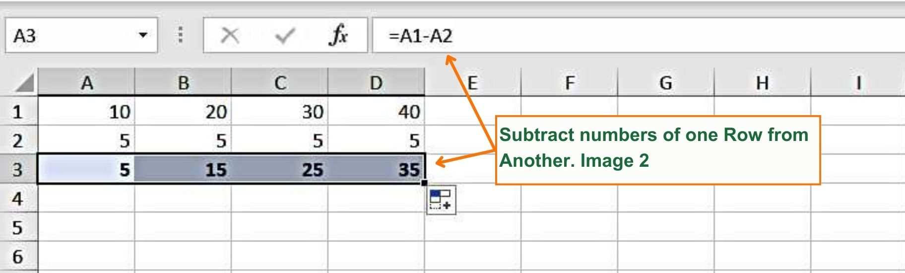 The image below shows the subtraction of numbers in Row 2 from Row 1 - Excel Hippo