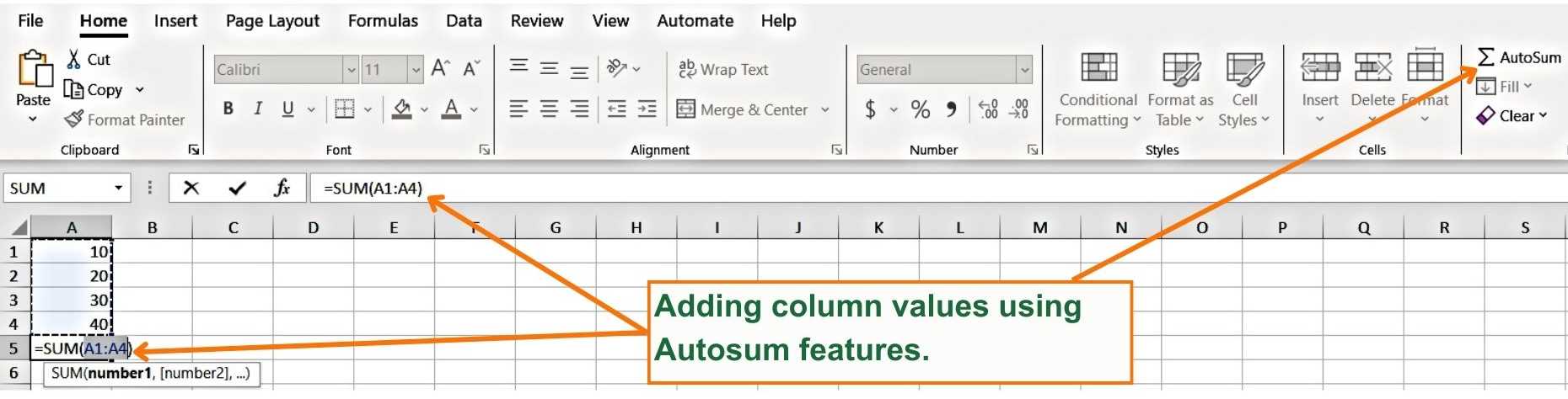 Adding column values using Autosum features - Excel Hippo