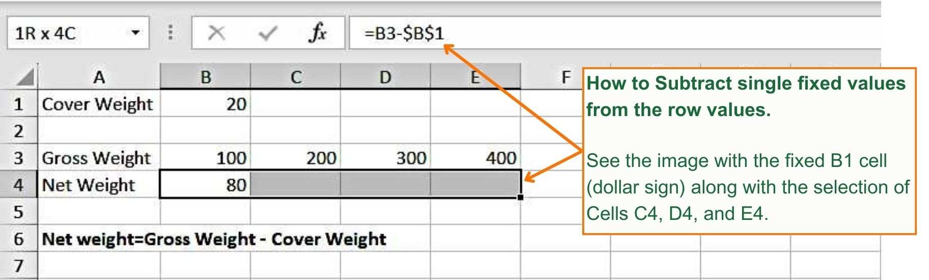 How to Subtract single fixed values from the row values - Excel Hippo