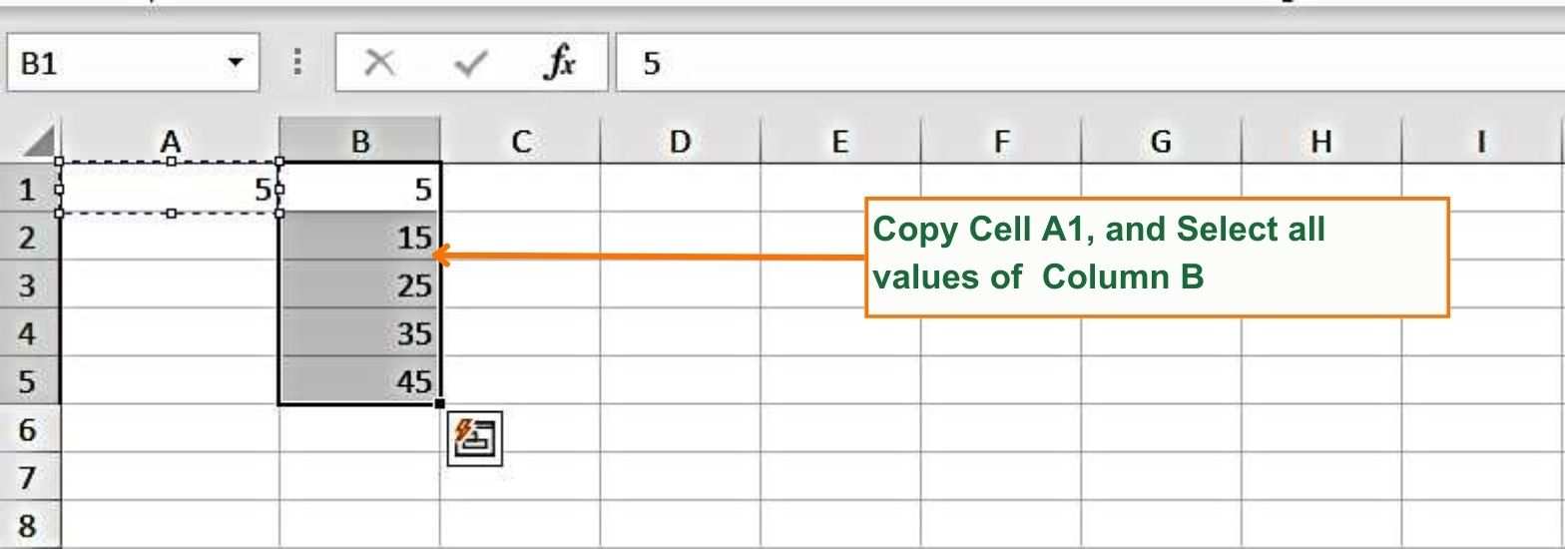 How to subtract a single fixed value from the table without using the minus sign. - Copy of A1, and selection of Column B