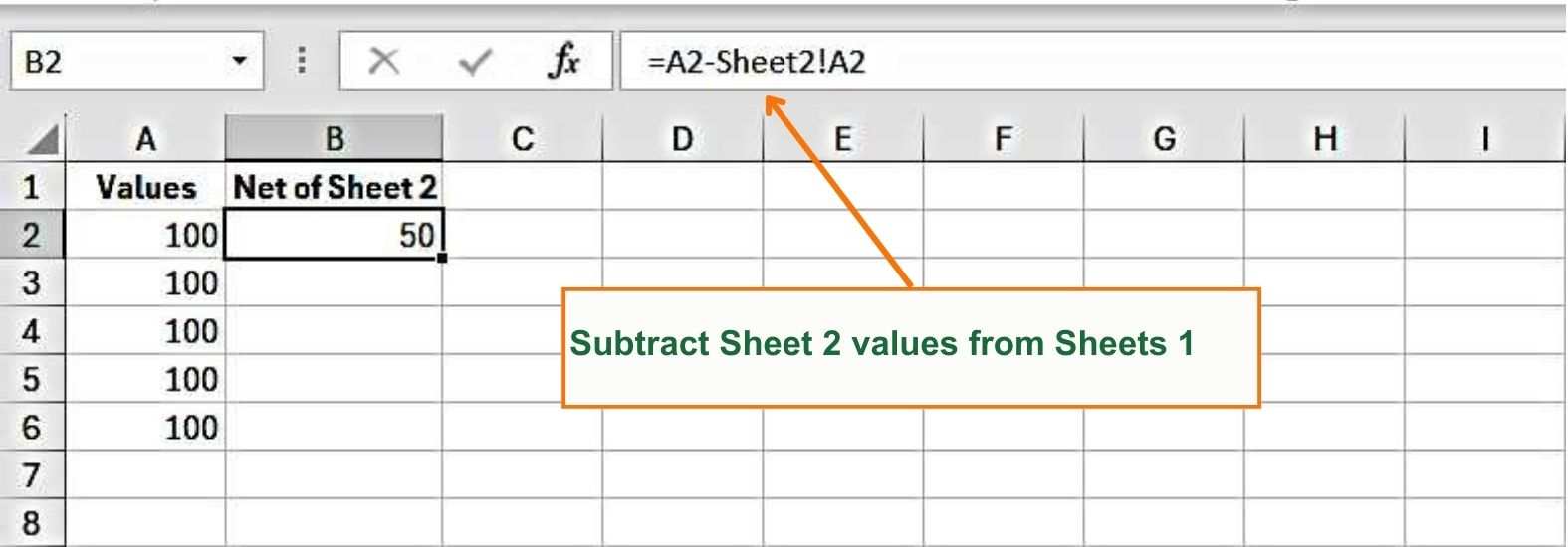 How to subtract Numbers from different Excel spreadsheets within a workbook - The Image Subtraction of Sheet 2 value from Sheet 1 - Excel Hippo
