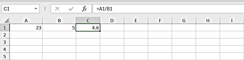 The below image shows the division of Numbers using the cell reference - 2 - Excel Hippo Module - How to divide in Excel